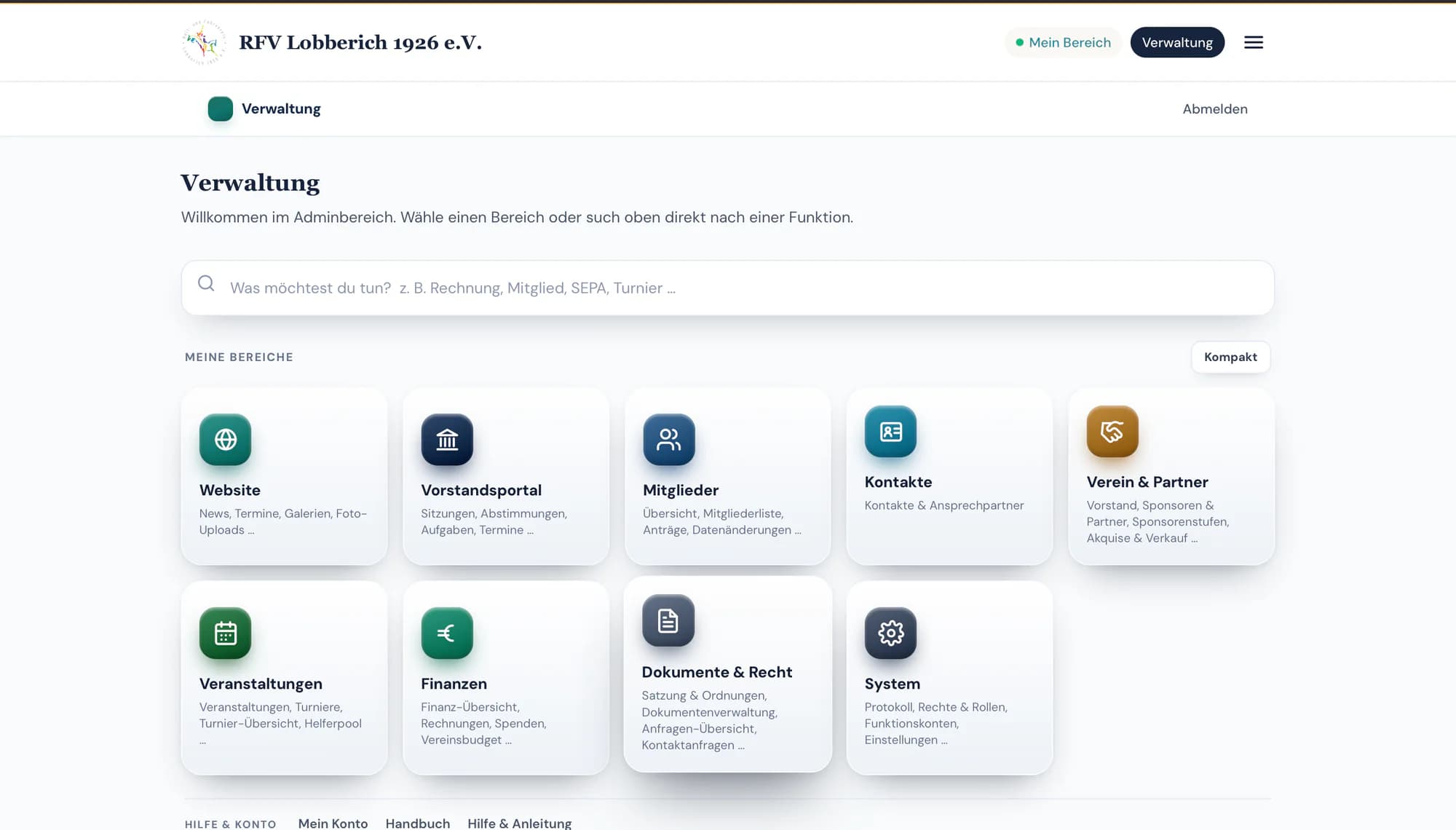 Verwaltungsübersicht der RFV-Vereinsplattform auf dem Desktop.