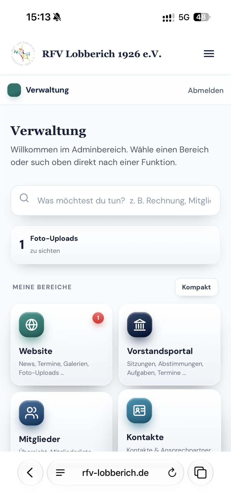 Mobile Verwaltungsübersicht der RFV-Vereinsplattform.