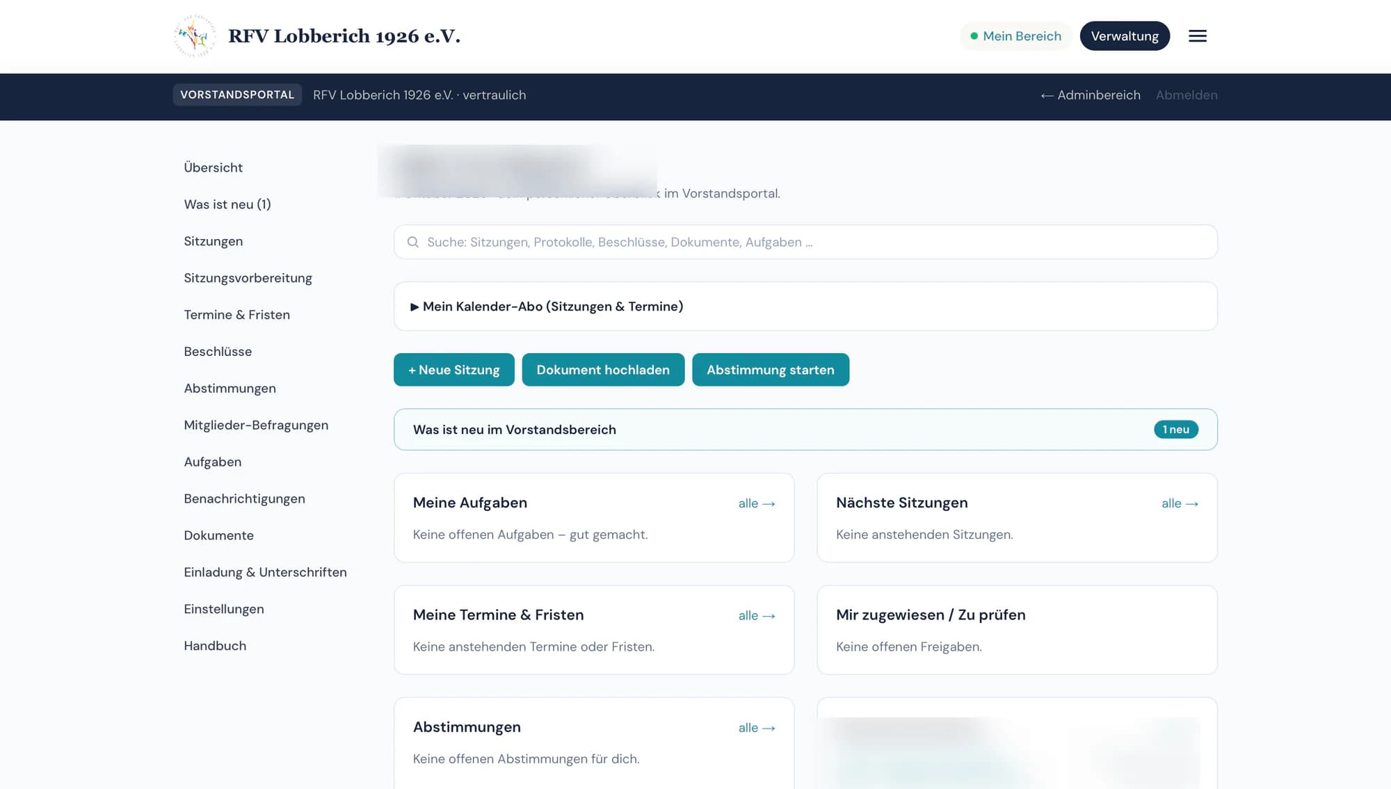 Vorstandsportal mit Aufgaben, Sitzungen und Dokumenten; persönliche Angaben sind unkenntlich gemacht.