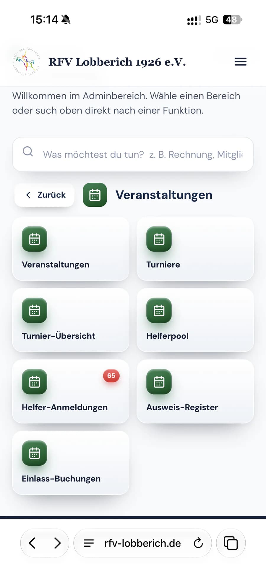 Mobile Auswahl der Veranstaltungsfunktionen.