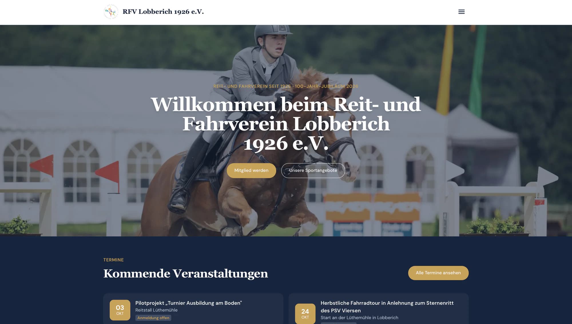 Öffentliche Website des RFV Lobberich mit Vereinsprofil und kommenden Veranstaltungen.