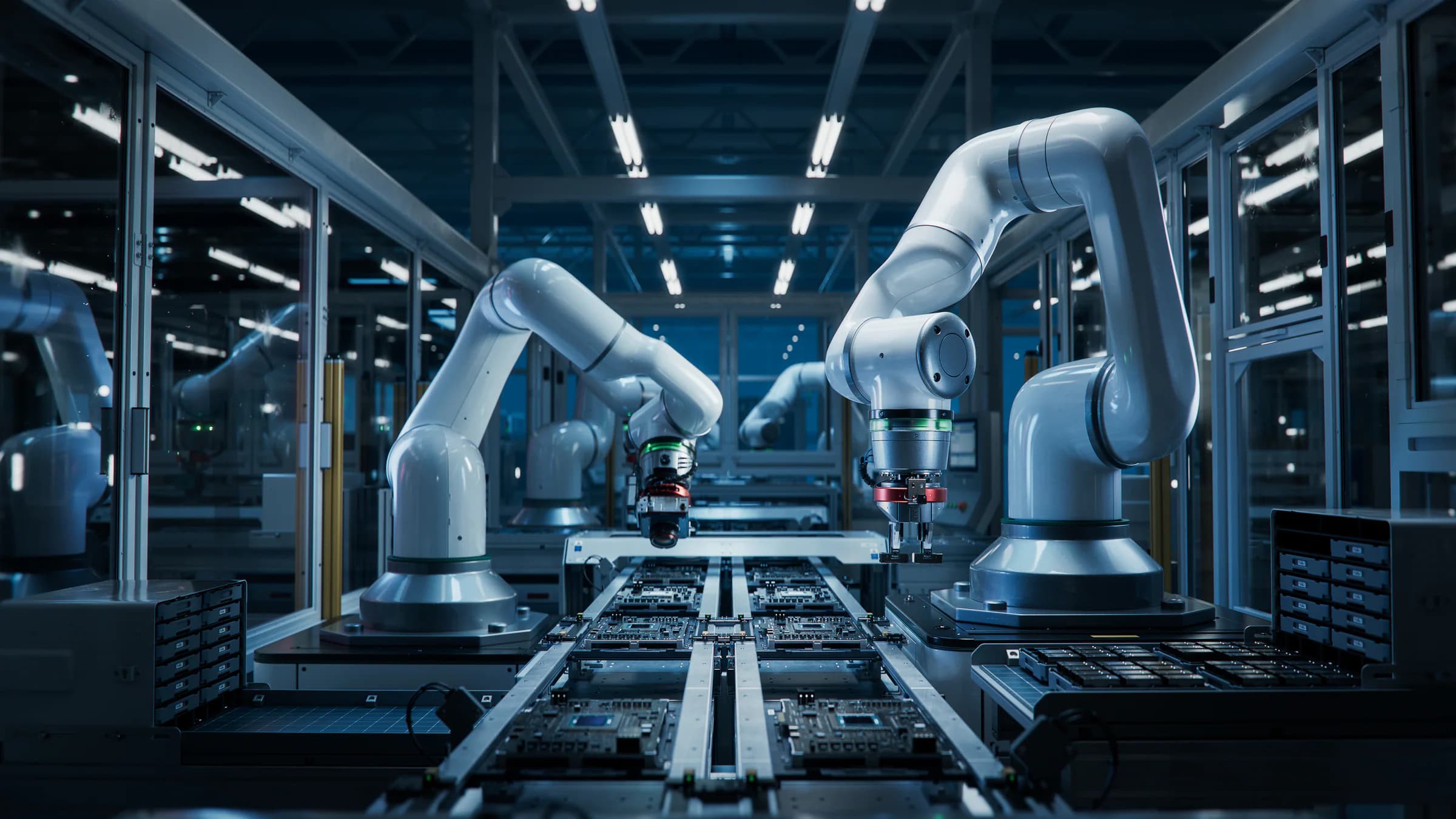 Industrieroboter in einer modernen automatisierten Produktionsanlage.